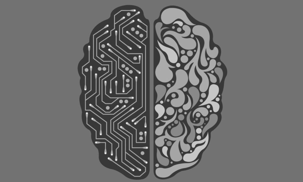 An illustration of 2 halves of a brain. one being an AI brain and the other a human. 