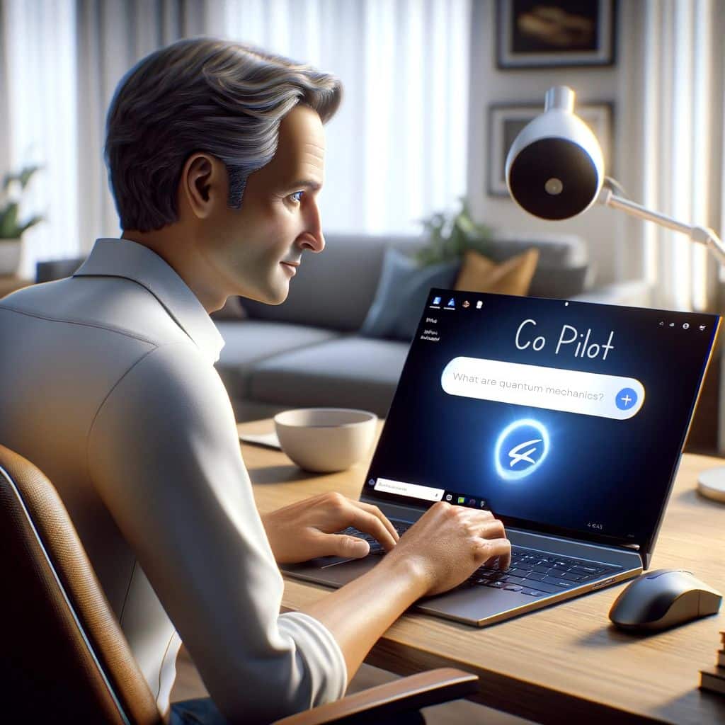 A professional man interacts with the AI assistant 'Copilot' on his Windows 11 laptop, showcasing the feature's query on quantum mechanics on the screen, highlighting the integration of AI features in Windows 11 for an intuitive user experience.