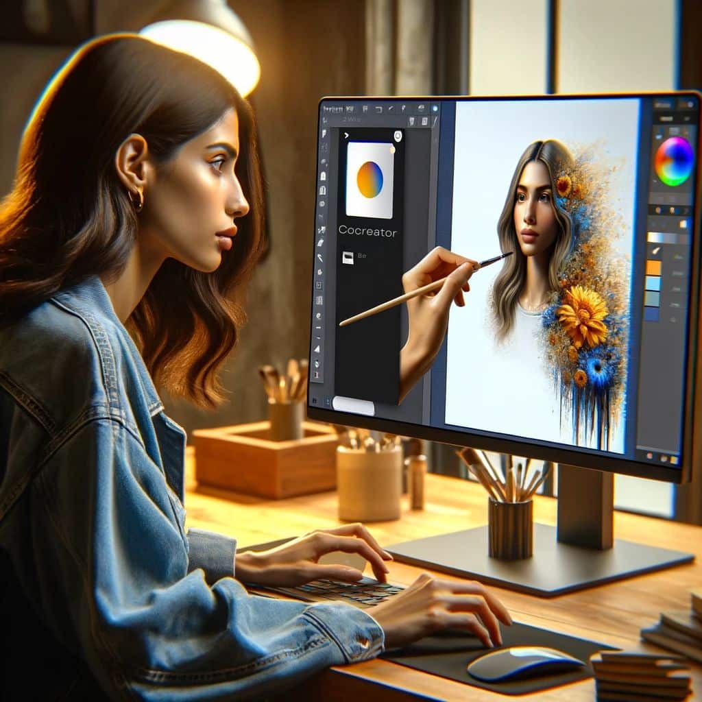 A female digital artist uses a creative software application on her Windows 11 system to design a strikingly detailed portrait, demonstrating the powerful AI-enhanced art creation tools available in the operating system.