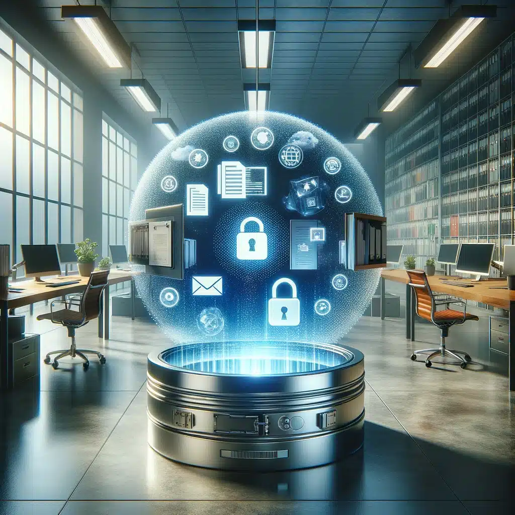 A serene office environment featuring a secure digital vault filled with glowing representations of critical business data, symbolising the concept of data backup for small businesses.