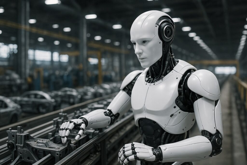 A photorealistic humanoid robot with a white and black exterior works on an automotive assembly line, surrounded by unfinished car frames and industrial machinery, representing how artificial intelligence is changing the way we live and work.