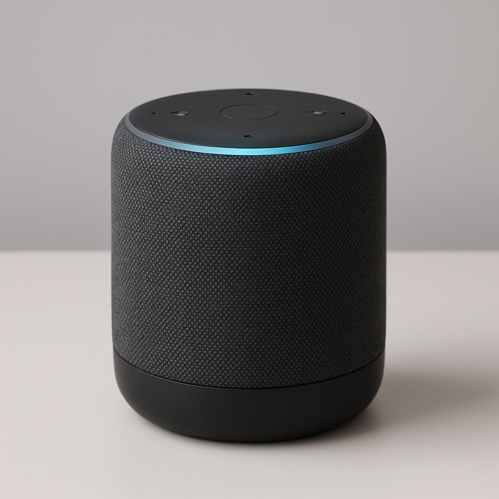 "A modern smart speaker on a minimalist table, symbolising how artificial intelligence is changing the way we live through voice-activated home technology."