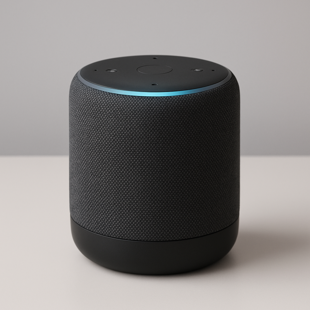 "A modern smart speaker on a minimalist table, symbolising how artificial intelligence is changing the way we live through voice-activated home technology."