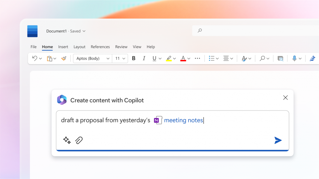 Screenshot of Microsoft Word with Copilot generating content; the Copilot prompt reads, "draft a proposal from yesterday’s meeting notes," highlighting how artificial intelligence is changing the way we live through productivity-enhancing tools.