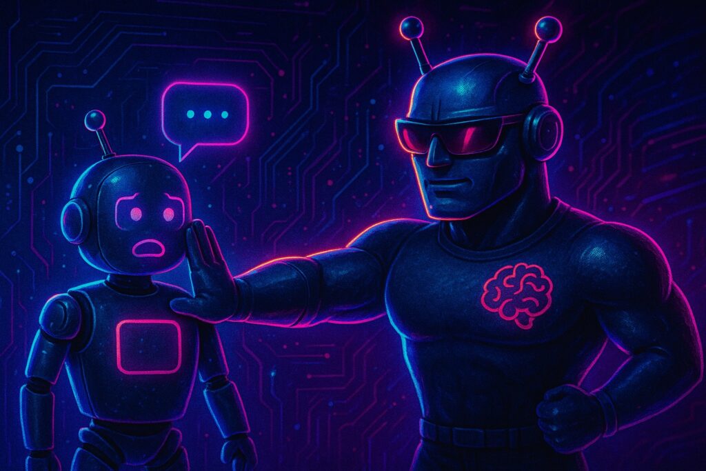 A cyberpunk-style illustration showing a muscular AI robot confidently pushing aside a smaller, startled chatbot. The strong AI figure glows with neon accents, symbolizing the rise of practical AI agents for small business, showcasing their superiority and advanced capabilities in a futuristic, high-tech environment.