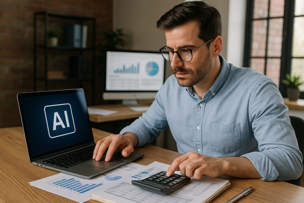 An individual using AI to help with small business finance - a way to use AI for small business productivity
