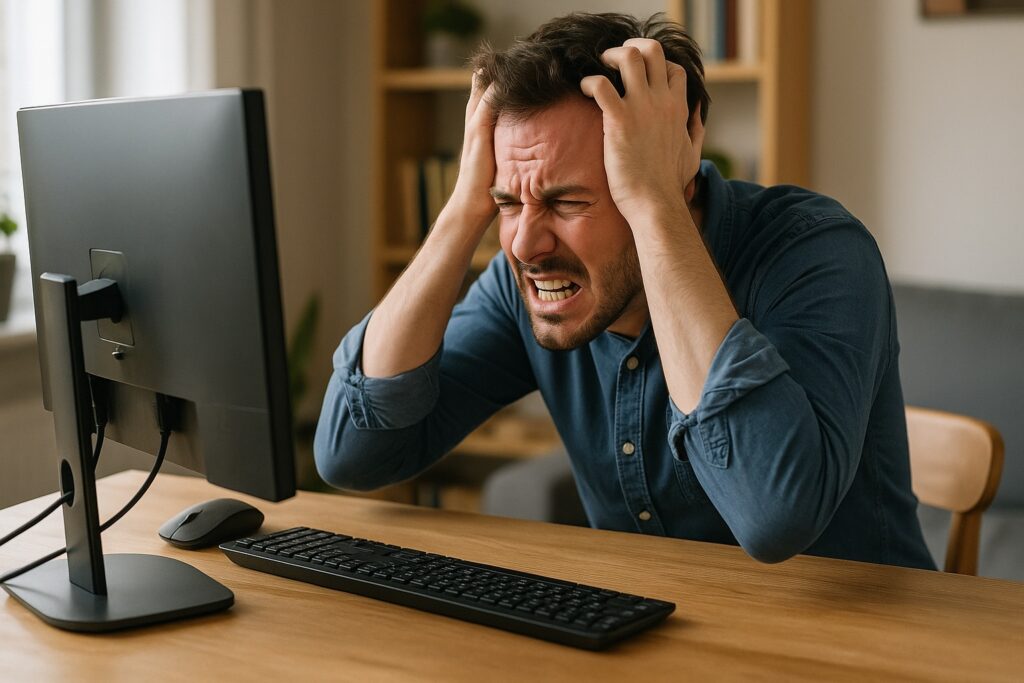 A frustrated man clutches his head in front of a desktop computer, clearly struggling with technical issues - highlighting the need for reliable Strategic IT Support to prevent downtime and reduce stress.
