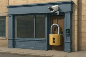 Illustration of a small shop with oversized security features, including a large padlock, CCTV camera, and digital fingerprint scanner, representing basic cyber security for small businesses.