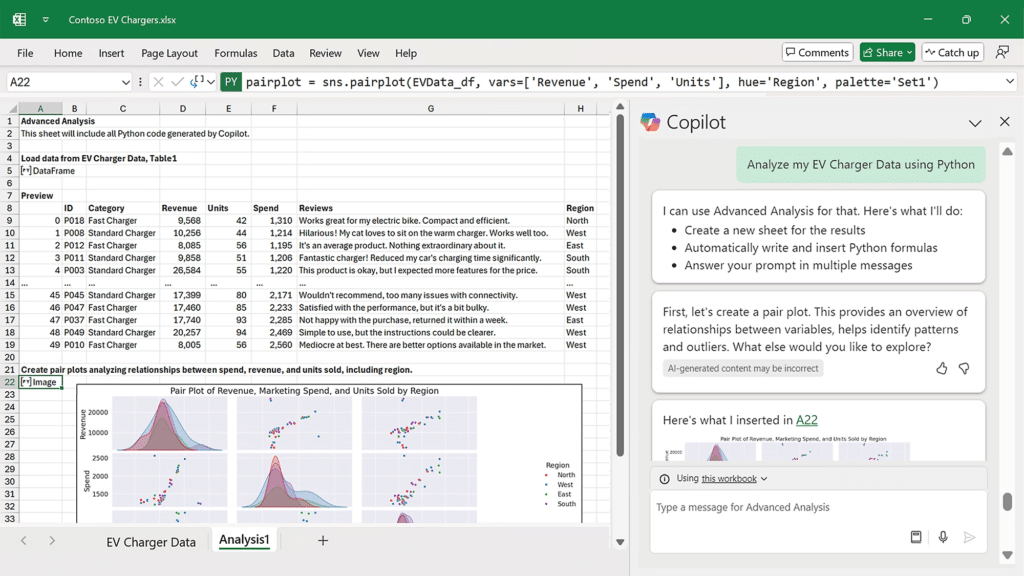 Microsoft Excel spreadsheet using AI-powered functions to analyse sales trends and generate insights