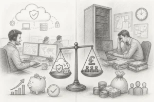 Pencil-style illustration of a balance scale with a pound sign on one side and a shield on the other, between a support engineer and a stressed office worker beside a server.